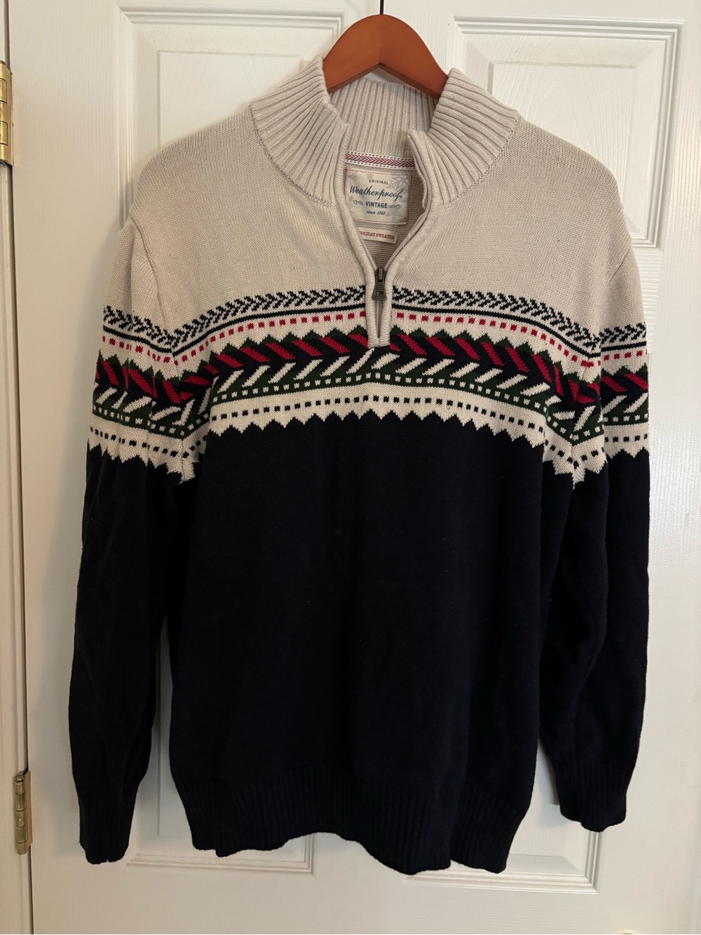 Weatherproof Half-Zip Fair Isle Sweater - Navy, Cream, Red & Green